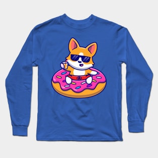 Cute Corgi Dog Floating With Doughnut Swimming Tires Cartoon Long Sleeve T-Shirt